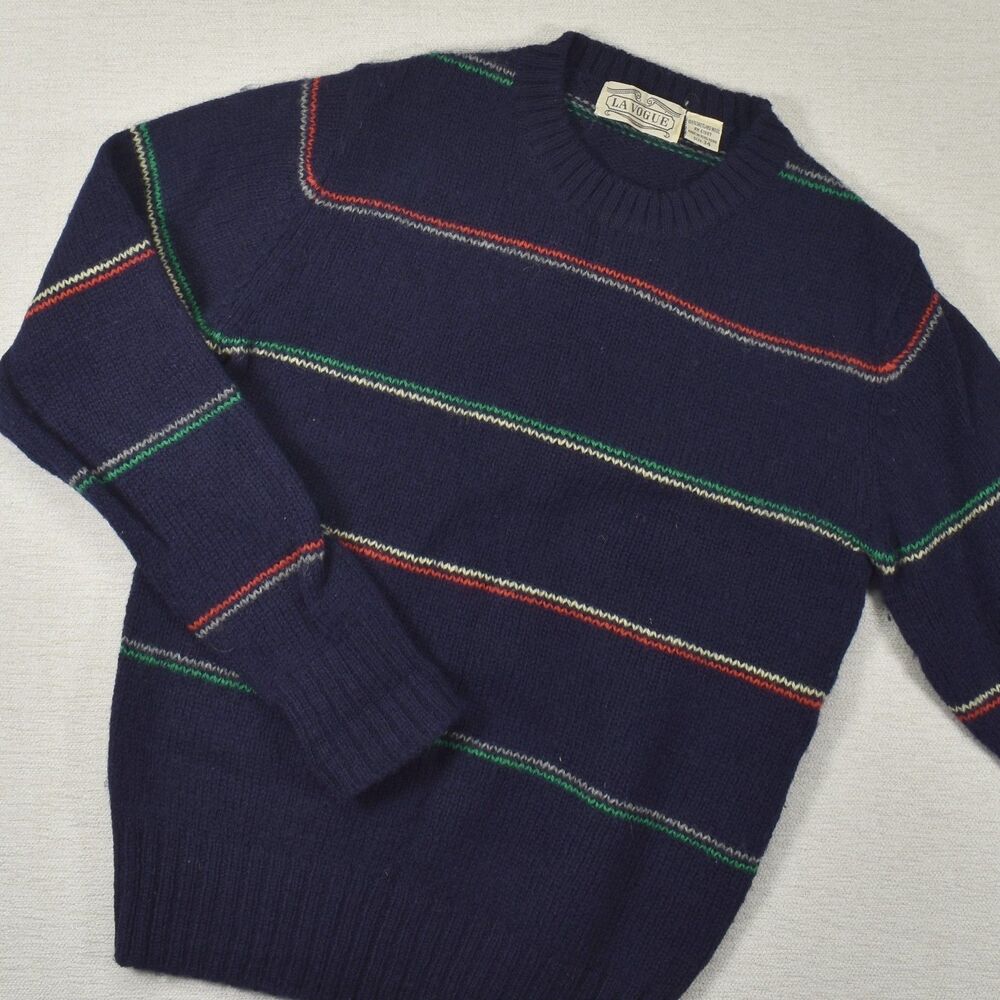 Vintage La Vogue Shetland Wool Sweater Size 34 Navy Crew Neck Stripe Preppy XS